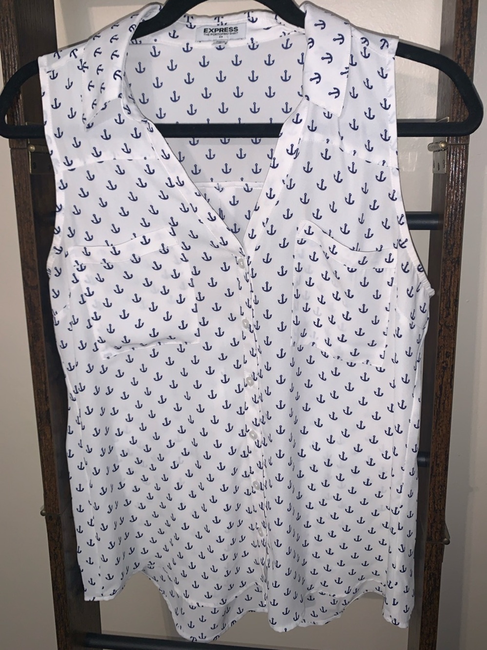 Express White Sleeveless Collared Top with Navy Anchor Print